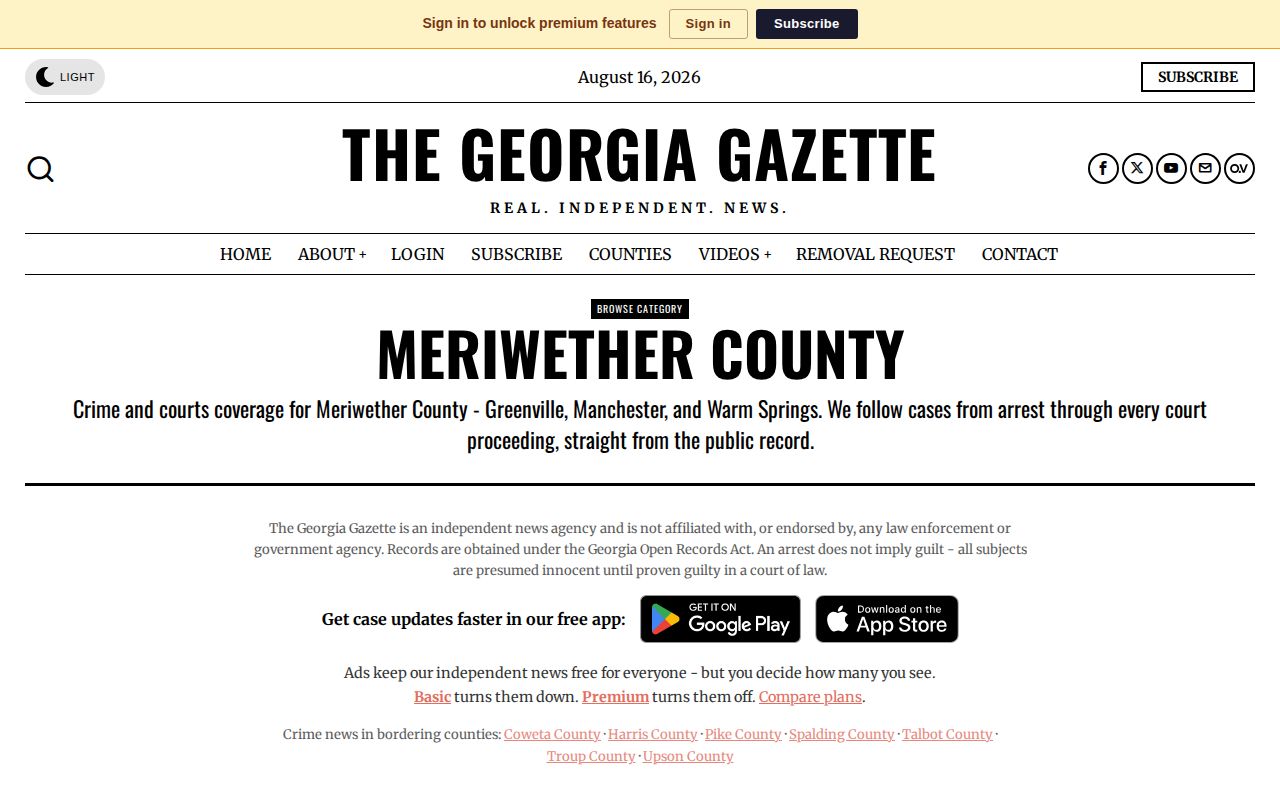 Unofficial Georgia Gazette Meriwether County booking coverage