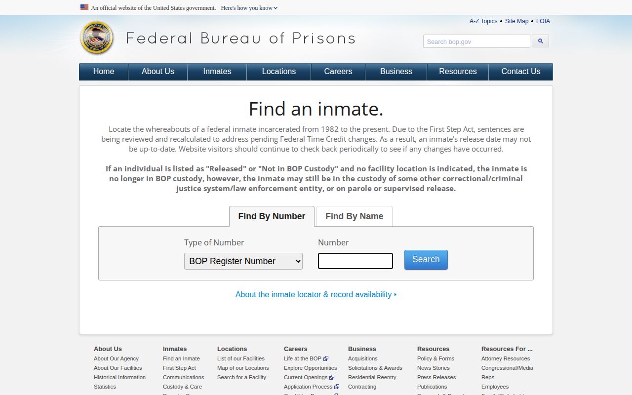 Federal Bureau of Prisons locator showing a no-photo federal custody path
