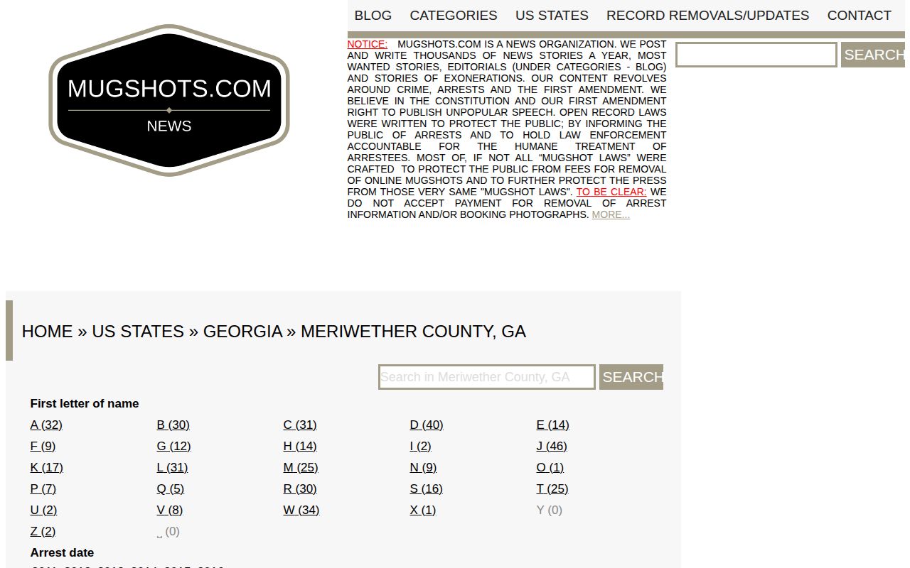 Stale unofficial Mugshots.com Meriwether County archive